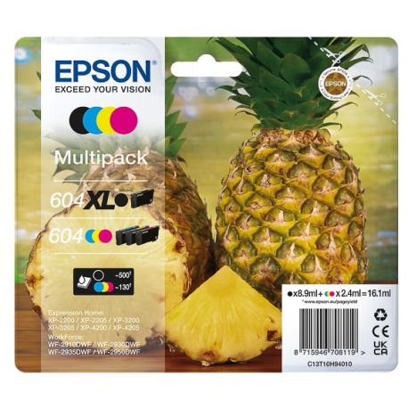 Multipack 1 Cartouche d'encre Noir Haute Capacité et 3 couleurs standard pour EPSON Expression Home XP2200, ...(N°604XL)